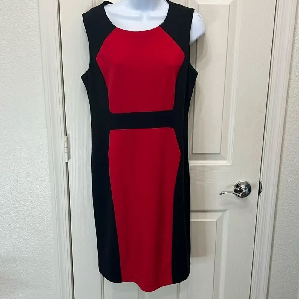Calvin Klein Red & Black Dress Colorblock Scoop Neck Sleeveless Midi Size